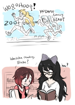 MORE COLLEGE!AU i cant be stopped and here are some small facts weiss and ruby are roommates blake and yang are roommates weiss meets yang thru track or something IDK  ruby and blake meet thru a literature class then they all meet together one day and