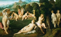 Palma il Vecchio (Jacopo Negretti called Palma il Vecchio; Serina, Bergamo, 1480 - Venezia 1528); Diana e Callisto, 1525-28; oil on panel, 124 x 78 cm; Kunsthistorisches Museum, Vienna enlarge