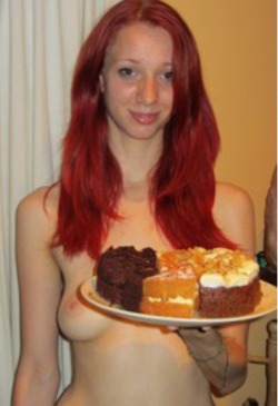 reallifenudism:  Ruth. Ruth works as a hostess at Elixir of Life Spa in London, England. Elixir is a nudist spa and all the hostesses are nudists who work in the nude there.  Save me a slice of that cake!  Sounds like a great spa to visit.