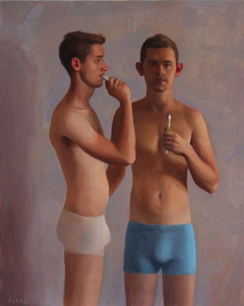 grundoonmgnx:Oliver Scarlin, Brushing Teeth, nd   Oil on panel, 50 x 40cm  