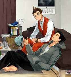 prospectkiss:  retinz:  Chilling with the hobo. Source: http://www.pixiv.net/member_illust.php?mode=medium&amp;illust_id=52222172  I’m not usually a fan of hobo!Phoenix, but this artwork really speaks to me. That serene expression on Phoenix’s face,