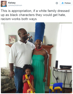 crack-wolf:  thingstolovefor:    White people love trying to feel oppressed! #Hate it!   kelsey there wouldnt have a single thing to say if it was a white family in black face.. yet shes getting upset over a black family simply DRESSING UP as fake cartoon