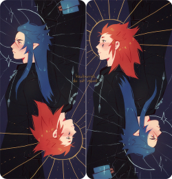 hawberries:  the sun and the jealous moon[image is an illustration of saix and axel posed back-to-back with one reversed so he’s upside-down. stylized sun rays shine behind axel, and a crescent moon hangs behind saix.]