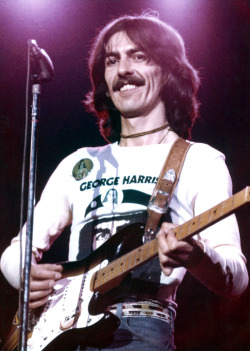 soundsof71:George Harrison, wearing a George Harrison t-shirt, on the 1974 Dark Horse tour
