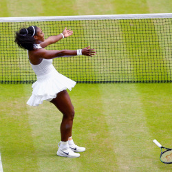 oliviergiroudd:  Serena Williams of The United States celebrates victory following The Ladies Singles Final against Angelique Kerber of Germany on day twelve of the Wimbledon Lawn Tennis Championships at the All England Lawn Tennis and Croquet Club on