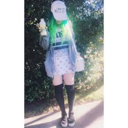 So happy it&rsquo;s warming up!☀☺️️this shirt I cut up makes me feel super nice! 💚 Joint and coffee essentials🙌🏻💚💨  Please follow my back up account 👉🏻 @officialbbydoll.420 💚💚💚💚💚💚💚  #greenhair #oversizedshirt
