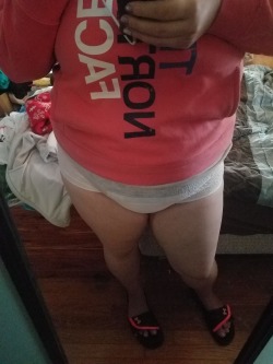 princessharper76:  Feeling adorable in my Pull-up. I have dark purple panties underneath so I can feel like a big girl too. I peed the pink panties I had on, leaving daddy a puddle in his office. 😇  I love panties under diapers!