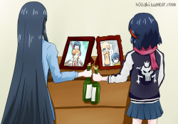 h0saki:  It’s already Sunday in Japan, so happy Father’s Day!  A toast to Isshin/Soichiro, worst and yet best Dad ever. The Kiryuin sisters would probably drink lots of beer on that day, enough for three. I imagine that Satsuki would pass out first