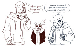 smolandtolskeletons:  Head cannon:  UF Sans has been through the worst kinds of situations… (i.e. physical, emotional, and sexual abuse.) As for the sharing memories head cannon…probably will only be for this short comic, haha. You guys are free