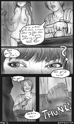 sarahsalanica:  NSFW-ish! First page of a new comic Iâ€™m gonna be slowly working on, likely two pages a week depending on what else pops up. Basic premise? A Half Elf girl gets brought for a hefty price by the last type of person sheâ€™d expected :PWhils