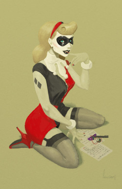 deviantart:  Harley Quinn Pin Up by *SpicyDonut spicydonut:  Harley Quinn pinup. This will be the first in a series of retro pinups I would like to do. Very much influenced by the work of Vargas and Elvgren.  I’m definitely planning the other gotham