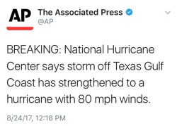 rodham:  Fellow Texans, please stay safe as this hurricane makes landfall. I’ll be posting more information and updates as I find them   they come in.  Rebloging this for my fellow Texans!!!