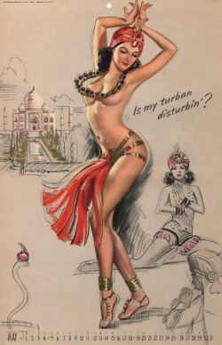 “Is my turban disturbin’?..”Pinup artist Knute (K.O.) Munson illustrates a costumed showgirl for the popular “Artist’s Sketch Pad” calendar series; as published by the ‘Brown &amp; Bigelow’ advertising agency in 1946..