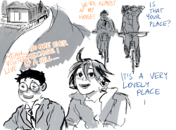 jensuisdraws:  and in that moment manami was smitten // sakamichi mean sloping road.. if.. there were any people…who didnt know that…// i drew this after learning that onoda his house was on a v steep hill and none ever wanted to visit him because