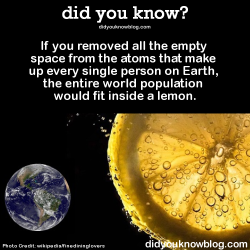 did-you-kno:  If you removed all the empty space from the atoms that make up every single person on Earth, the entire world population would fit inside a lemon. Source 