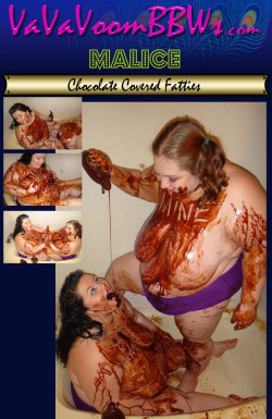 malicebbw:  Malice and Smitten Kitten get a little frisky with chocolate syrup. How many body parts are covered in this yummy treat? See this set and more @ http://www.bbwmaliceinwonderland.com 