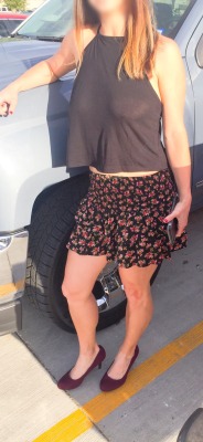 couple-living-a-fantasy:  This is my hot wife’s outfit that she wore on our date night last weekend. Love the slightly see through shirt and short skirt! She gets a lot of stares. I love the way her tits bounce around when she walks around town. Others