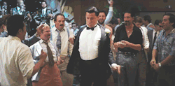 vessl:  oklahormoan:  bandsareprettyrad:  Leonardo DiCaprio getting hella turnt  man, the star of this gif is REALLY homeboy in the orange pants.   Is this the dance dance music video 