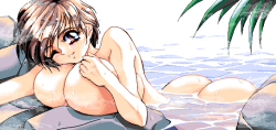 Cute oppai hentai girl using her big tits as pillows (and potential flotation devices in a spa while winking suggestively.