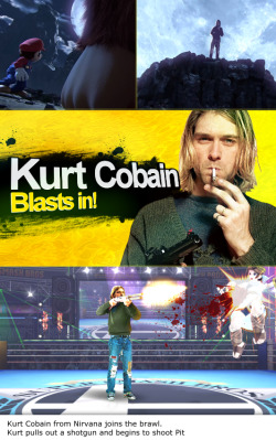 fanfictionimg:  Kurt Cobain from Nirvana joins the brawl. Kurt pulls out a shotgun and begins to shoot Pit  Grunge is NEVER dead!!!!