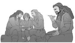 kaciart:  girlythingsforgeekypeople answered: Fili and Kili deciding to cuddle mildly flustered/amused Bilbo just to rile up Thorin. :D 