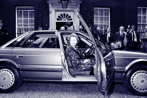 Margaret Thatcher at the wheel of an Austin Rover