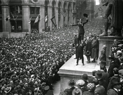 twixnmix:  Charlie Chaplin, Douglas Fairbanks    and Mary Pickford      promoting the sale of   Liberty Bonds   during   World War 1 at the United States Sub Treasury building (now Federal Hall) in New York City on April 8, 1918.  The three stars appeared