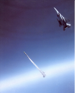 spaceexp:  The world’s first and only “Space Ace”, Maj. Wilbert “Doug” Pearson downs the P78-1 Solwind satellite with an ASM-135 ASAT, becoming the only pilot to have ever shot down a satellite