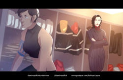 denimcatfish:Korrasami Firefighter AU. Asami’s company is responsible for providing the Fire Engines and she’s visiting Korra’s station while she’s brooding over something.  O oO &lt;3
