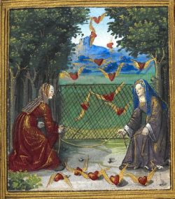 renaissance-art:  Women catching flying hearts from a French manuscript, Petit Livre d’Amour