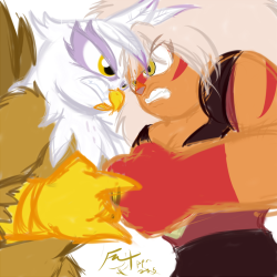 fristart:  Big Girl Waifu’s by Frist44  Ah yes, my two favorite amber colored, yellow eyed, white haired…. beaked.. big girls &lt;3YES BEAT ME UP, YOU BUFF BEAUTIES!!     Someone throw them some oil to wrestle in and buy me tickets and I will be your