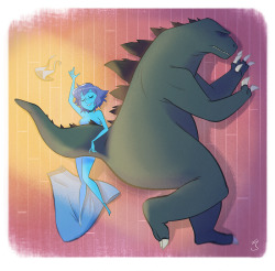 ironbloodaika:  grimphantom2:  ninsegado91:  cheesecakes-by-lynx:  Commission piece featuring Lapis Lazuli and Godzilla.Lapis’ dominance over the sea is now absolute.  Lol lucky  Indeed!!!  Wow 