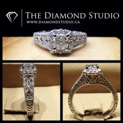 thediamondstudio:  Here is another spectacularly detailed @diamondboi  vintage design. This design was made with a .50ct cushion cut diamond.  The cushion sits on a scalloped bead set halo. Usually I incorporate my  vintage half moons on the gallery but