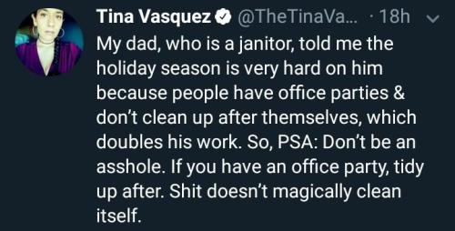 sl-walker:sl-walker:pigcatapult:blackbirds-on-the-marsh:mirthfulrealist: pharmdup: I almost scrolled past this but my mom was a janitor too. PSA. PSA Just because someone is paid to sweep the floors doesn’t mean you’re allowed to leave your shit all