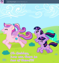 teenprincesscadance:  Filly Twilight is the one with the cutiemark. My Twilight is the one with my feather in her mouth, ‘cos she’s evil.  Two Twis is too much!~ ((Thanks for following me Filly Twi!~ You are adorable! My blog’s Cadance deals with
