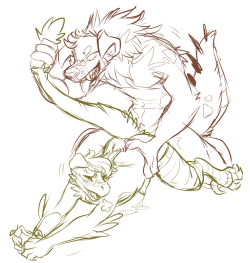 friskyfeathers:  a doodle for my good friends… of a monsterfied, were male mutt boopin a little raptor butt…  x: