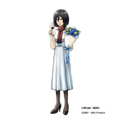 Mikasa and Ymir in heels for the “Highest Esteem Formalwear” Class in Hangeki no Tsubasa!Both were originally revealed on their birthdays this year, but we never received full-lengths until now!