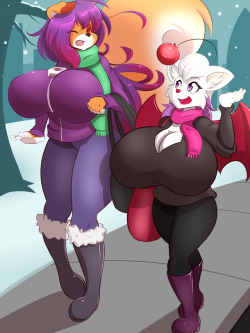 fyxefox:  It was snowing today, so seems like a good a time as any to post this commission for the very nice and patient  allrights! Just some winter shopping with his Moogle girl Maple. And some boobs I guess. 