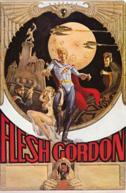 Flesh Gordon, preliminary study for the movie poster by George Barr. From The Visual Encyclopedia of Science Fiction, edited by Brian Ash (Triune Books, 1978).From Oxfam in Nottingham.