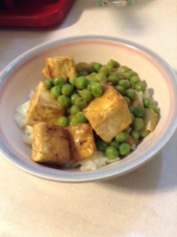 Food adventures  Spicy Thai Peanut tofu with Ginger and peas Rice on the bottom