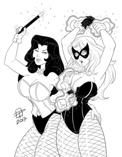 pinupsushi:Naughty line art commission of Zatanna having a bit of magical fun with Black Canary. ;9
