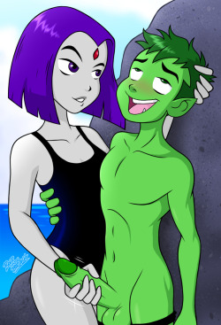 bold-n-brash:  The summertime lewdness continues with one of my favorite pairs, Raven and Beast Boy!Beast Boy can’t help but get turned on after seeing Raven in her swimsuit all day.  Lucky for him, she notices just how excited he is and knows how