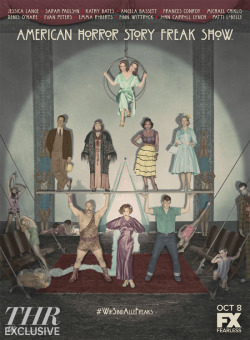tvandfilm:  American Horror Story: First Look at Freak Show Cast Art (©) Kathy Bates as the Bearded Lady. Michael Chiklis as the strong man. A two-headed Sarah Paulson. Sword eaters and oh so much more. 