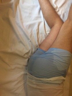 wetdude792:Wetting the bed - light blue boxer shorts