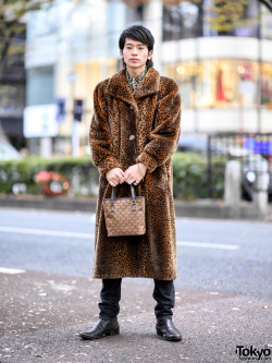 tokyo-fashion:  19-year-old Japanese actor Hide on the street in Harajuku wearing a vintage faux fur leopard print coat over a vintage animal print shirt, Lad Musician skinny jeans, Serio Rossi boots, a Roberta di Camerino handbag, and vintage jewelry.