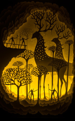 asylum-art:  New Backlit Paper Sculptures by Deepti Nair and Harikrishnan Panicker At Black Book Gallery “Where I Belong” is a paper cut light box installation work of hand cut watercolor on paper assembled in a shadow box that is backlit with LED