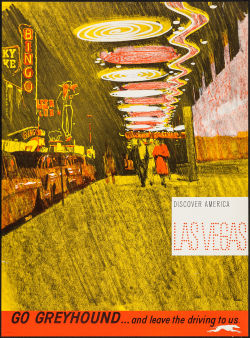vntgtravel:  Discover America - Las Vegas.   Go Greyhound… (Greyhound Lines, 1960s)     Artist George Roth   