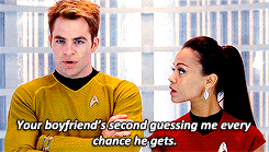 trektags: trektags:  #Uhura and Jim are the sassy girlfriend squad (tags via pineism)   #cries      #accurate      #i think my favourite part of this is actually jim in the last gif      #because that was totally unnecessary      #like