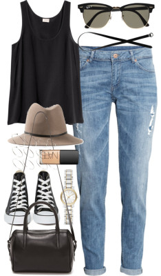 styleselection:  Outfit for a casual date by ferned featuring a floppy hatH M silk tank top, 22 AUD / H&amp;M skinny leg jeans, 33 AUD / Converse white sneaker, 97 AUD / Reece Hudson Bowery Small Duffel Bag, 1 110 AUD / Burberry two tone watch, 830 AUD