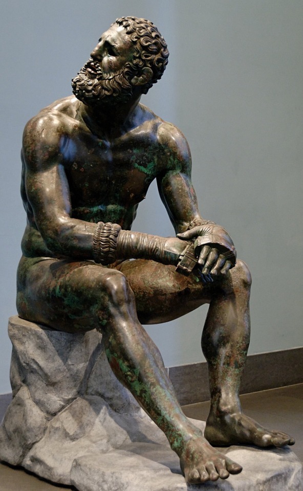 phoenix-50:The bronze Boxer at Rest, also known as the Terme Boxer or Boxer of the Quirinal, is a Hellenistic Greek sculpture of a sitting nude boxer at rest, c. 330 to 50 BCE.It was excavated in Rome in 1885